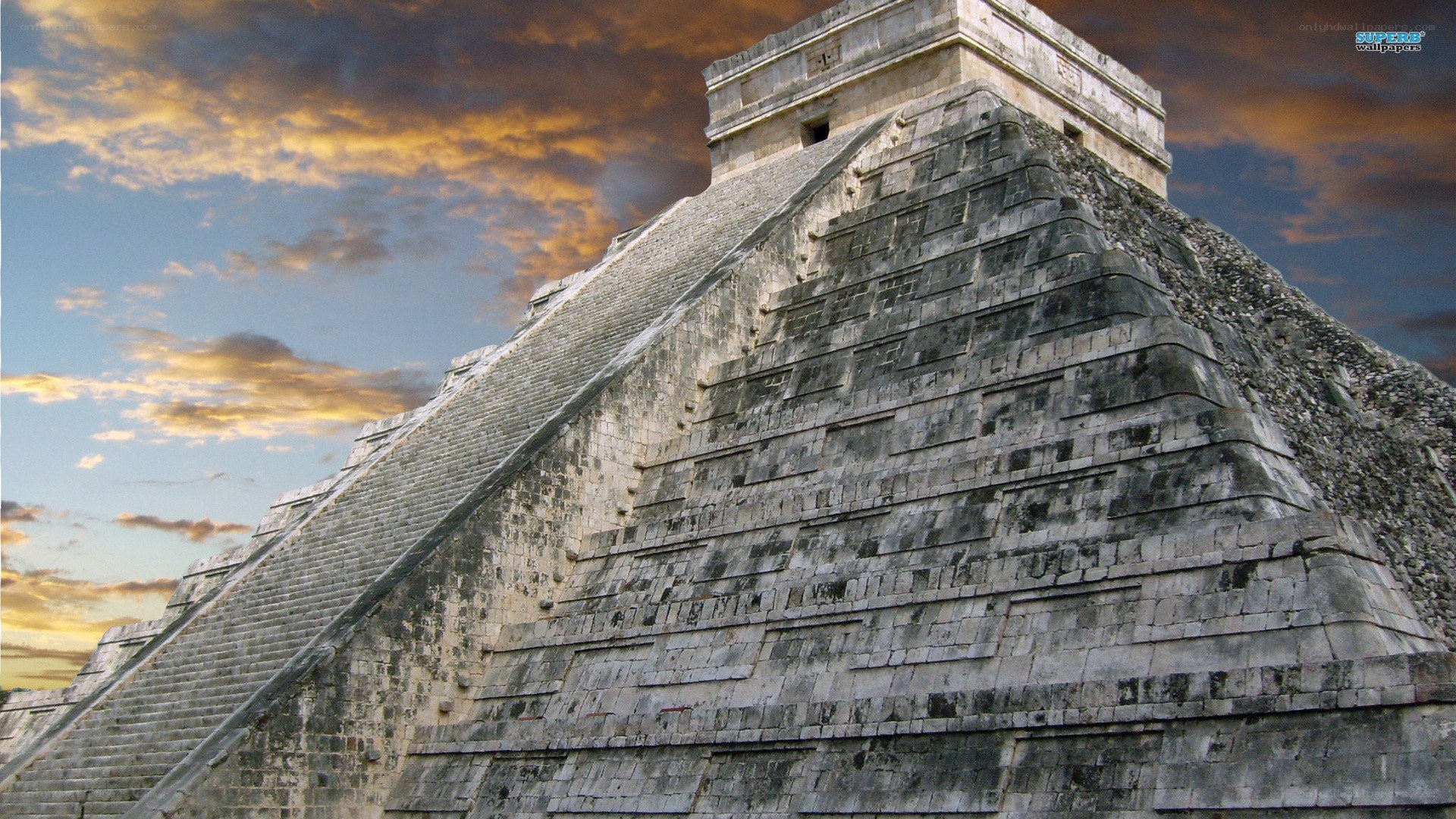 Mayan pyramid at sunset