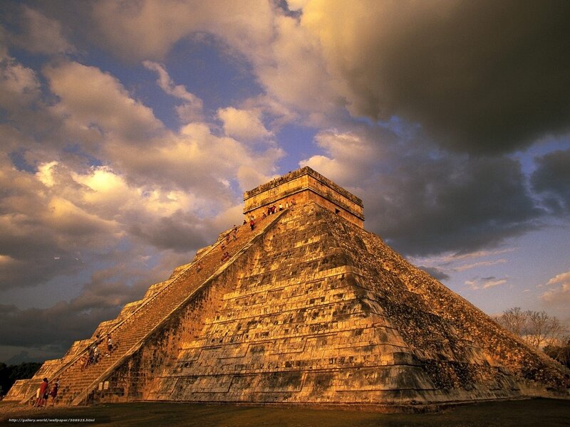 Mayan Pyramid at Sunset — Gold, Dramatic, Photograph, People, Clouds