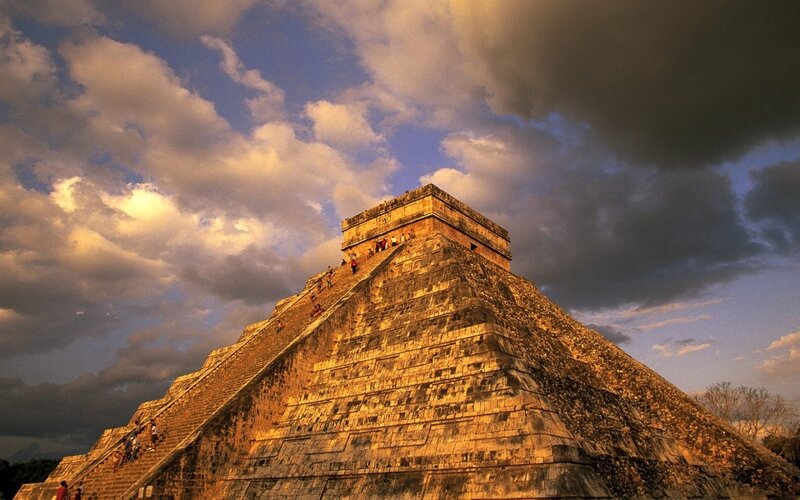 Mayan Pyramid at Sunset — Gold, Dramatic, Photograph, People