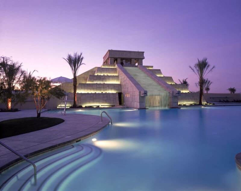 Mayan pyramid pool at dusk