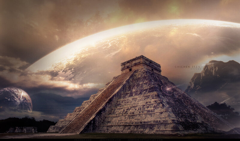 Mayan pyramid under alien sky