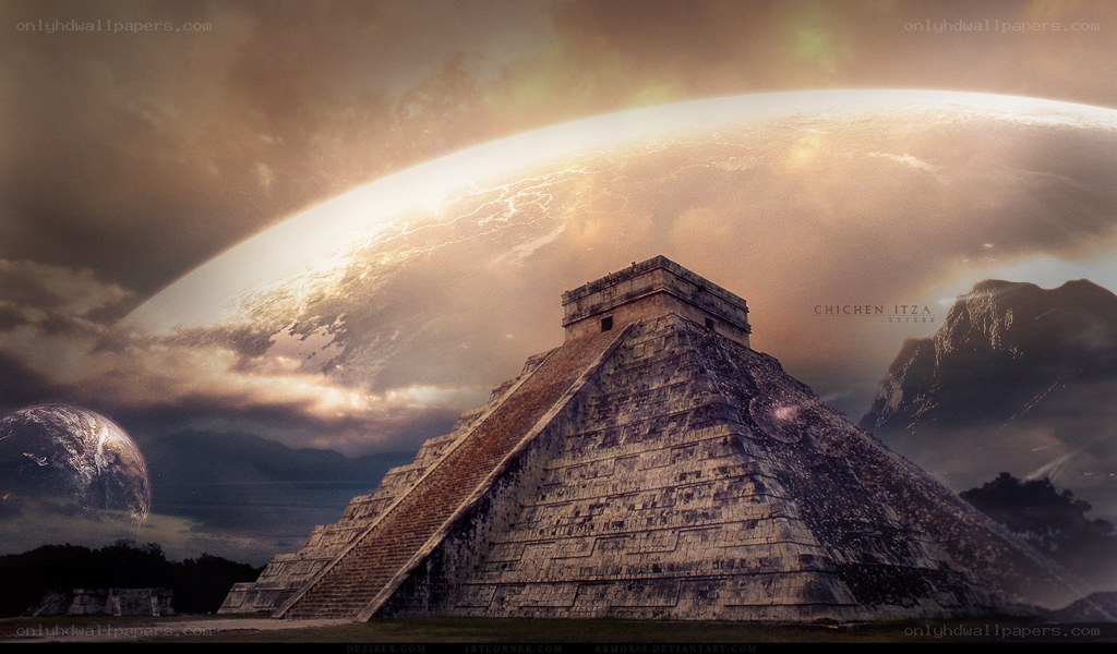 Mayan pyramid under alien sky