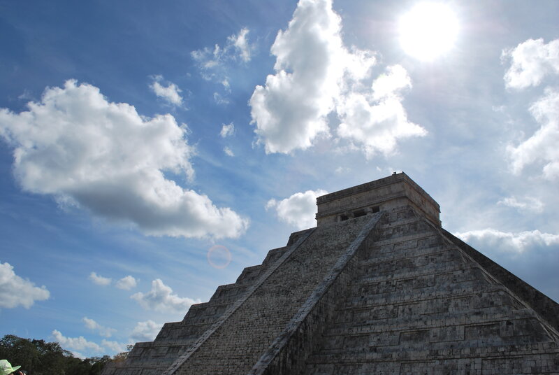 Mayan pyramid under blue sky