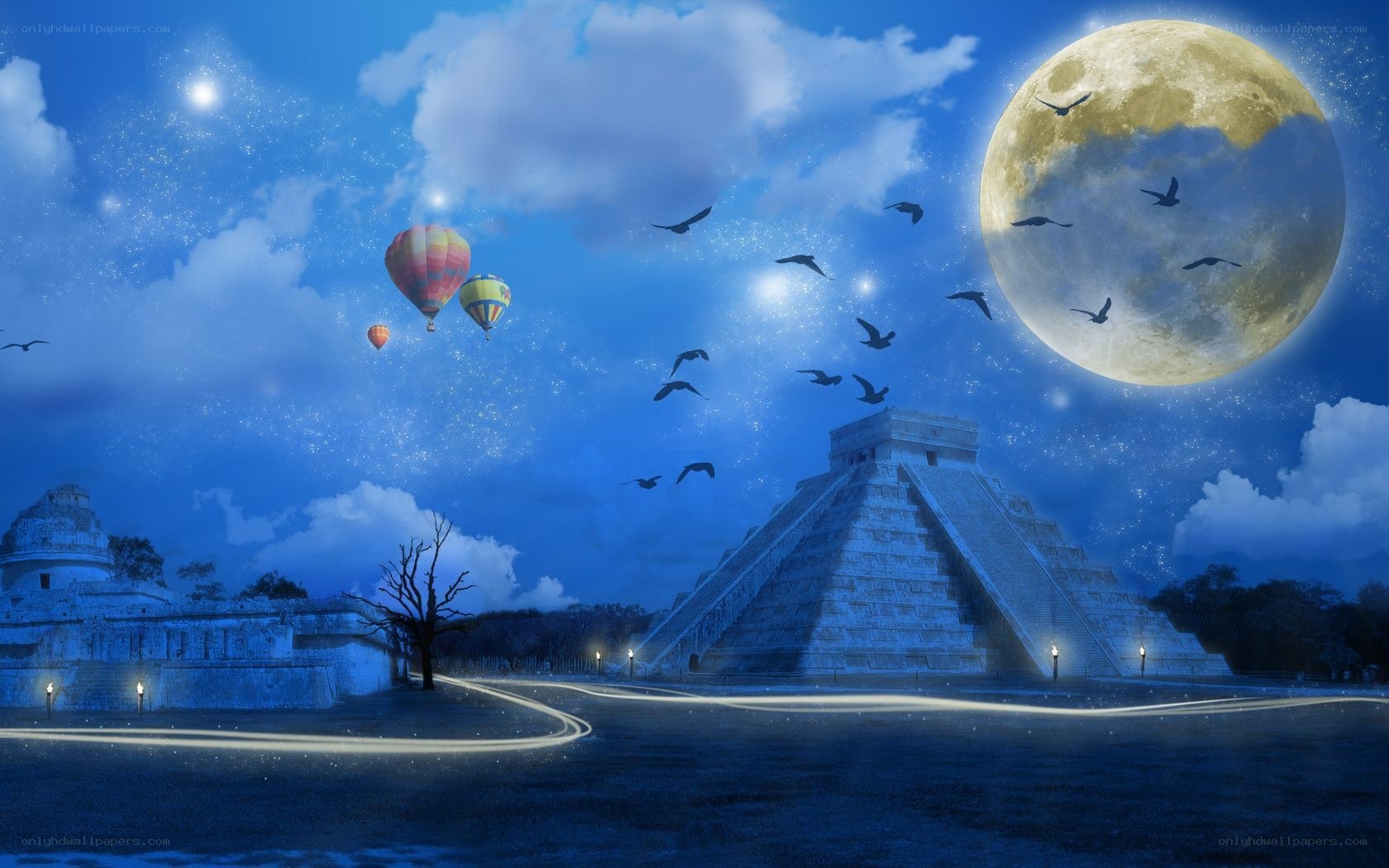 Mayan pyramid under full moon
