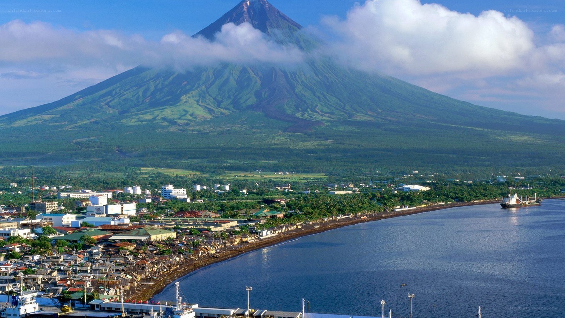 Mayon Volcano and coastal town