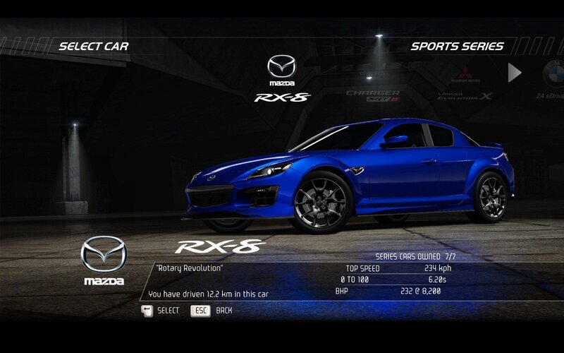 Mazda RX-8 in game menu