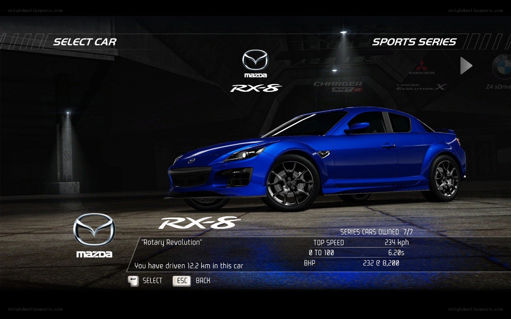 Mazda RX-8 in game menu