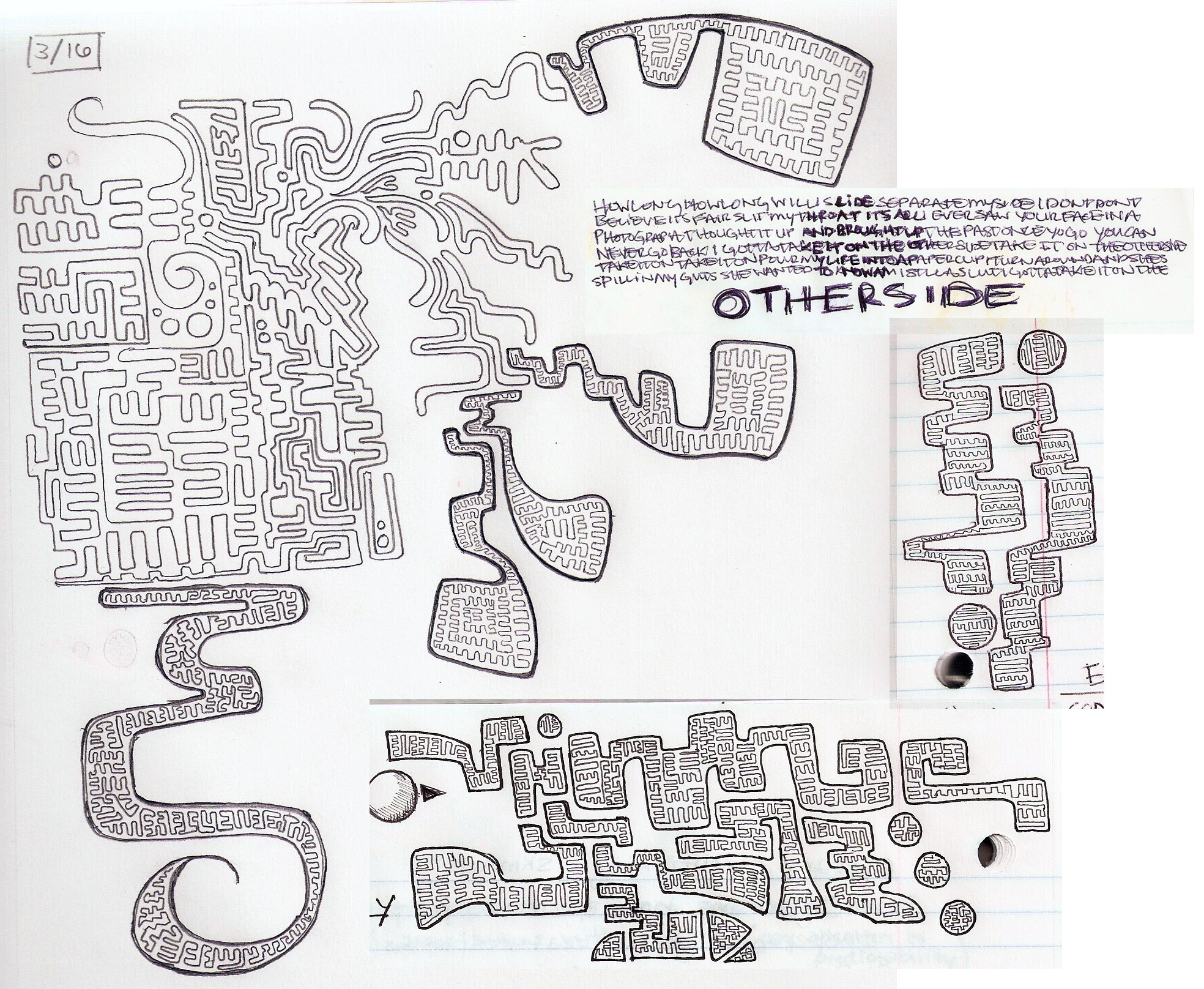 maze drawings and handwritten text