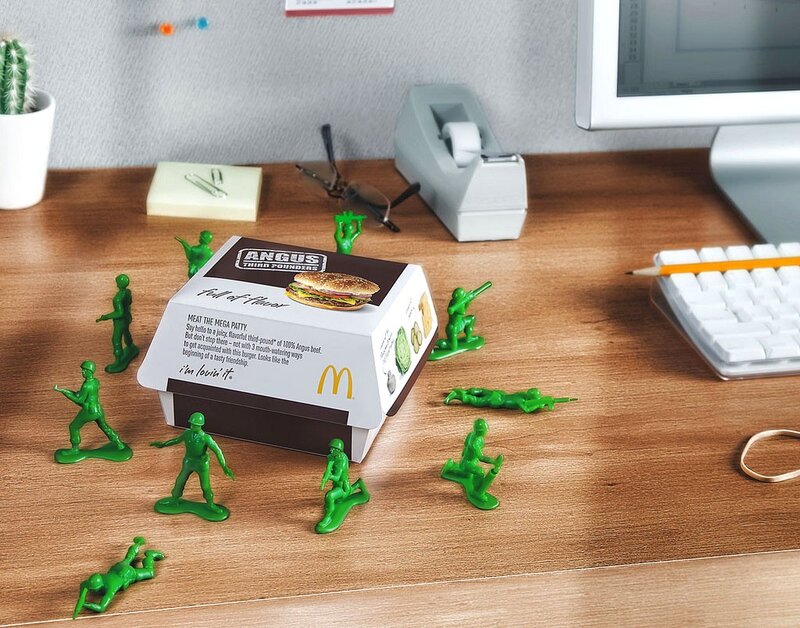 McDonald's Angus burger with toy soldiers