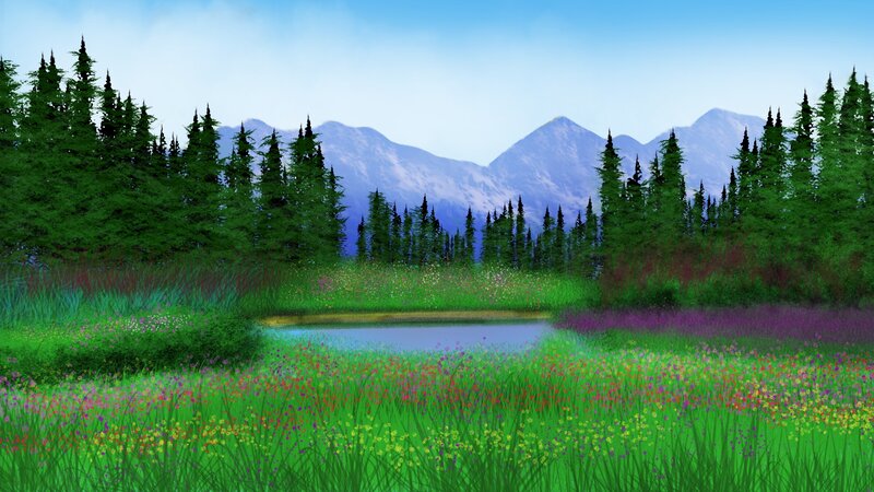 Meadow with Pond and Mountains