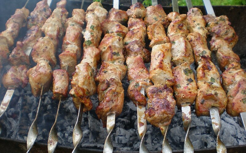 Meat Skewers on Grill — Brown