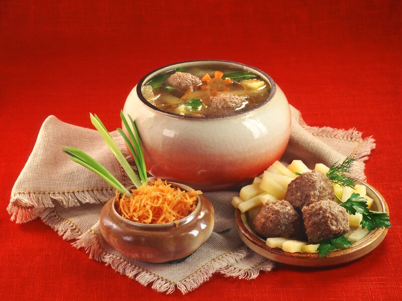 Meatball Soup with Garnishes — Red