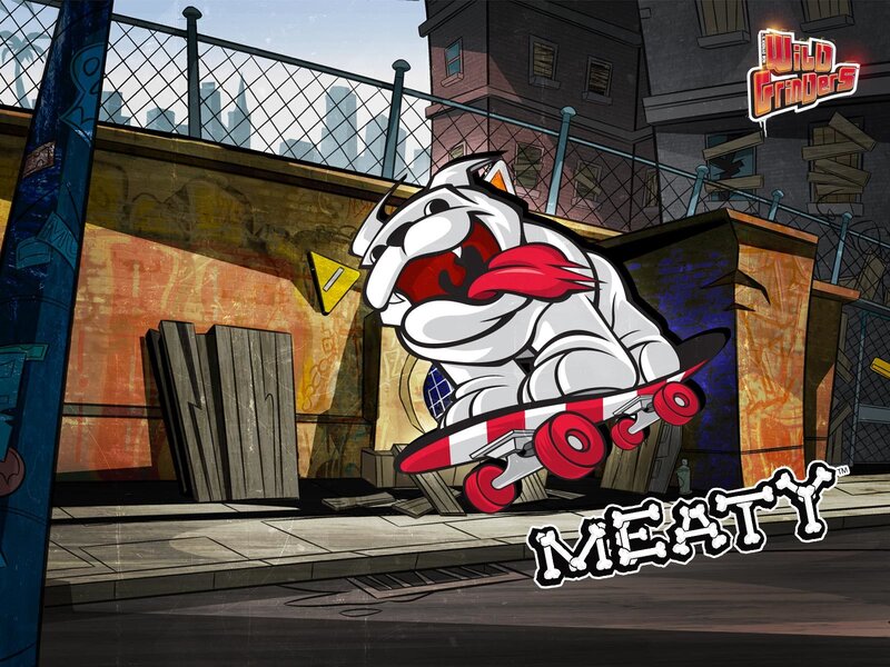 Meaty the bulldog on a skateboard