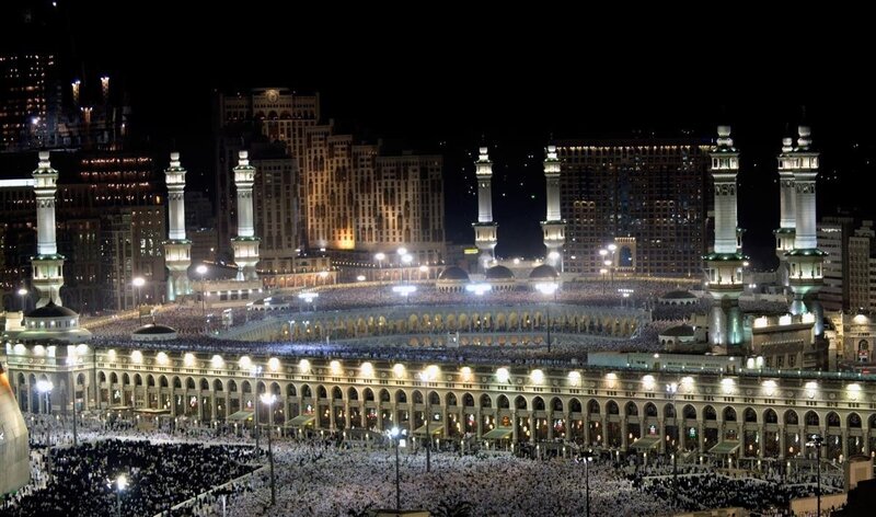 Mecca at night with pilgrims