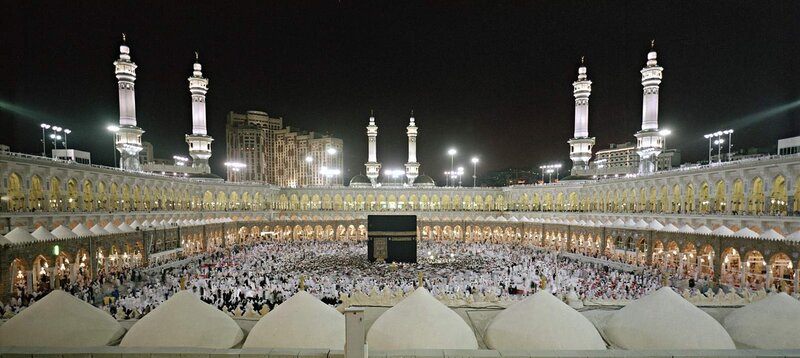 Mecca at night with pilgrims