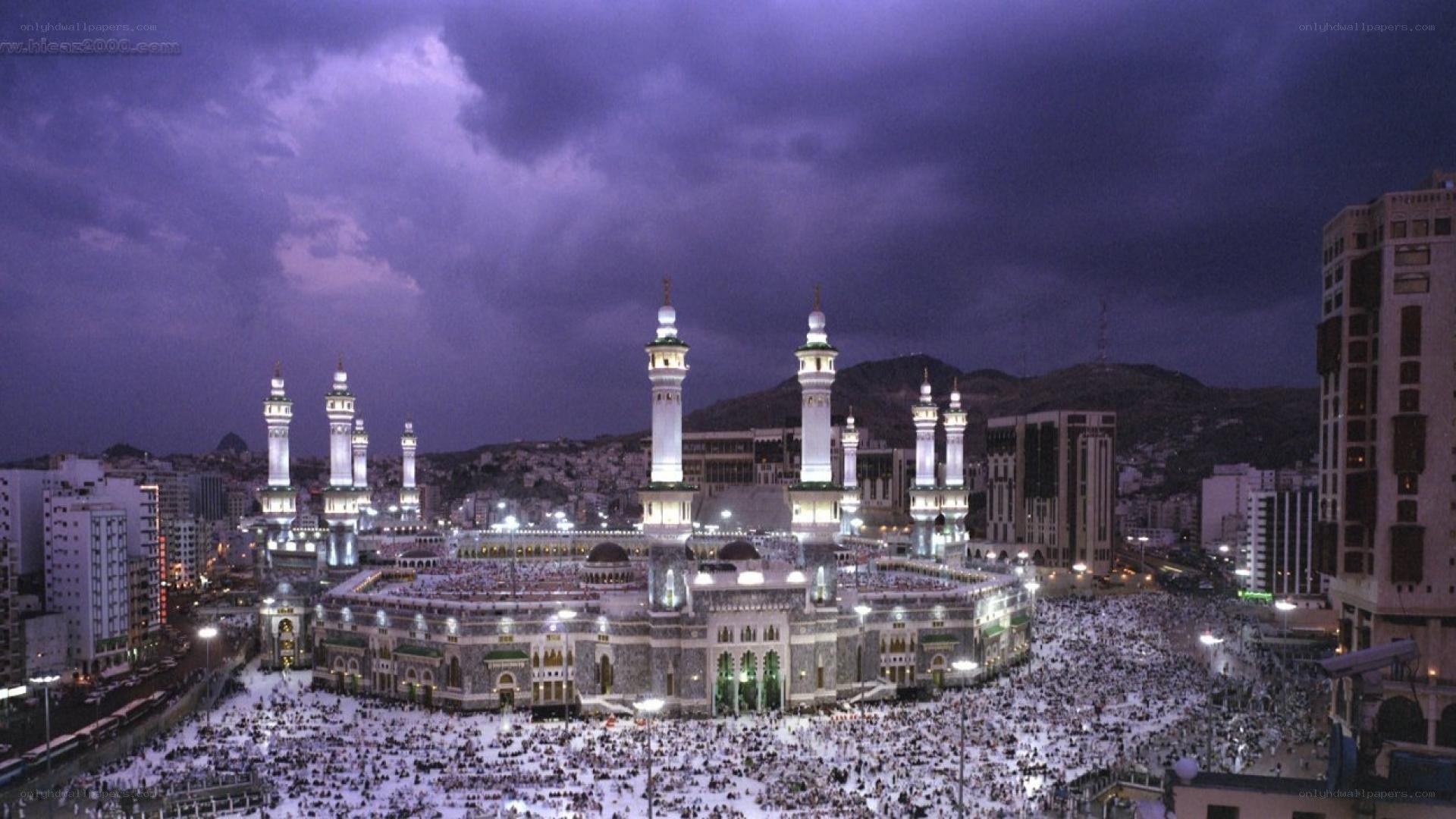 Mecca at night with pilgrims