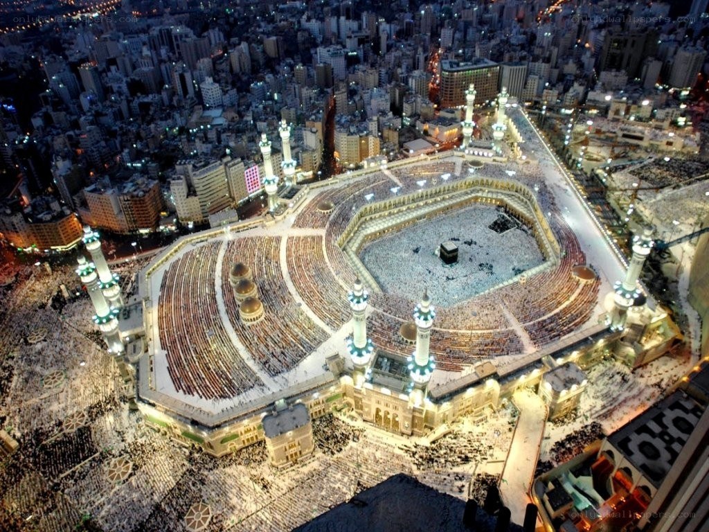 Mecca at night with pilgrims
