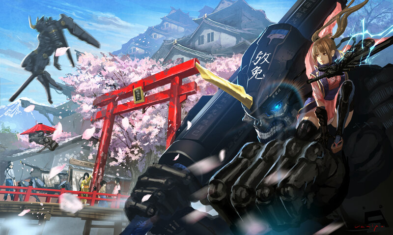 Mech and Girl in Cherry Blossoms — Pink