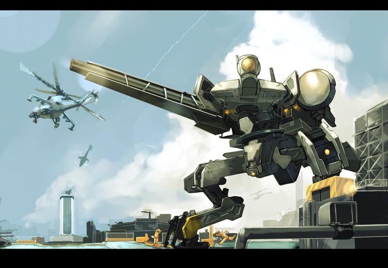 Mech and helicopter in combat