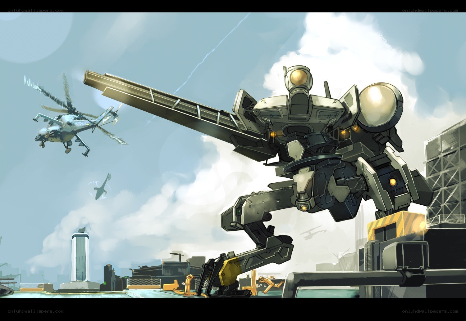 Mech and helicopter in combat
