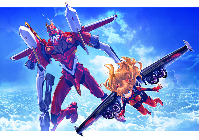 Mech and Pilot in Sky — Blue