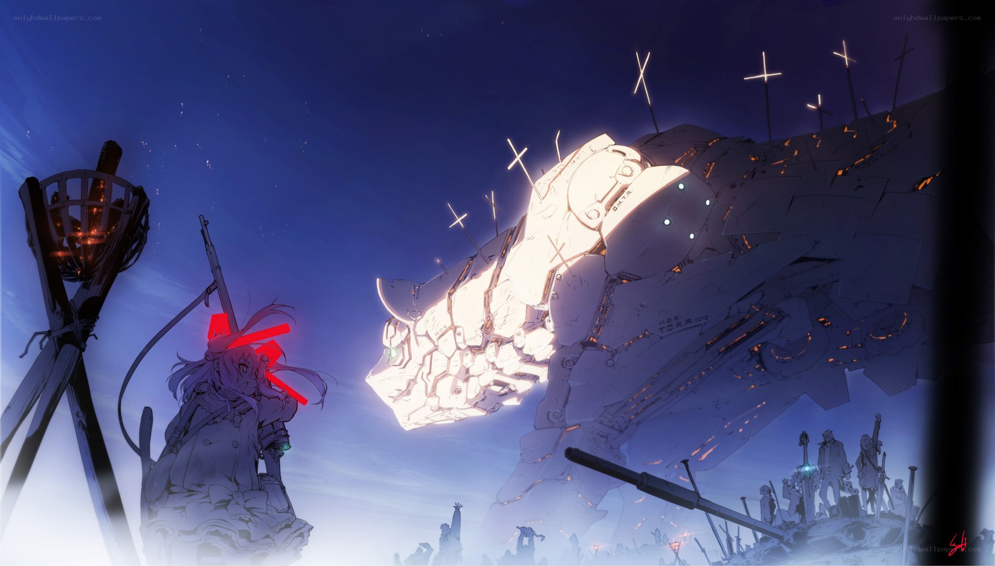 mech and soldier at night
