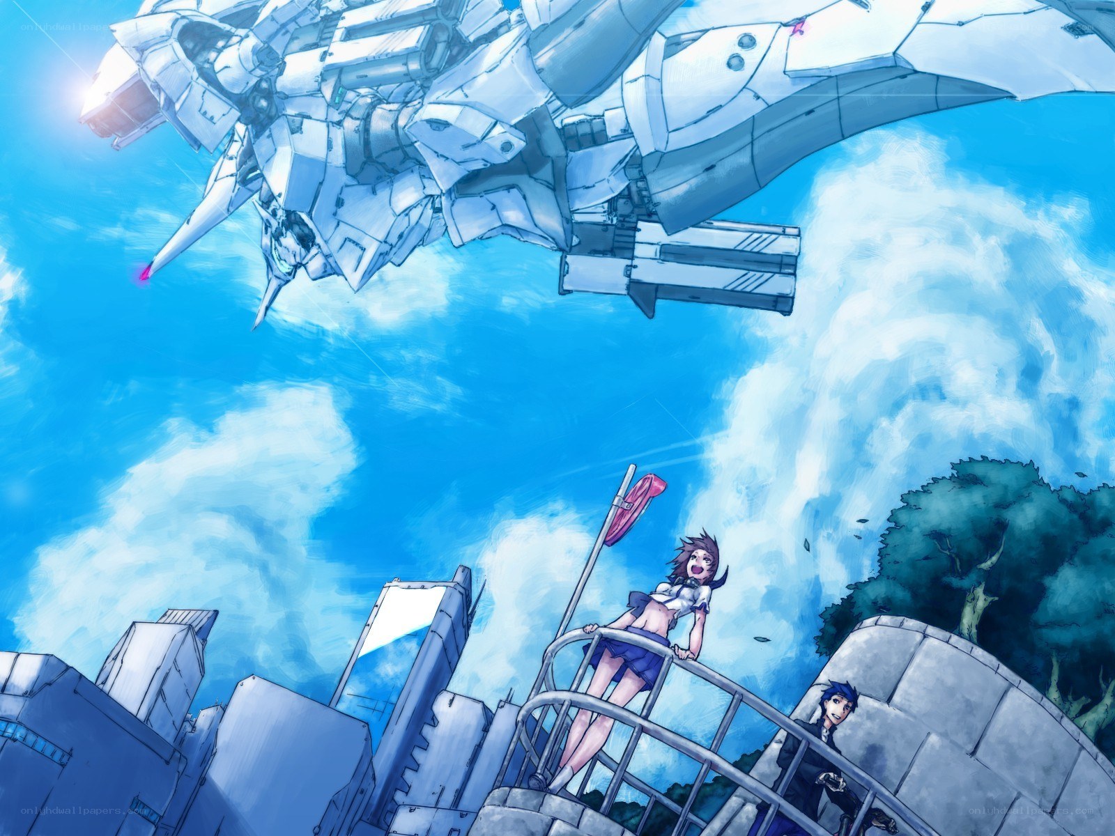 Mech and students on a bridge