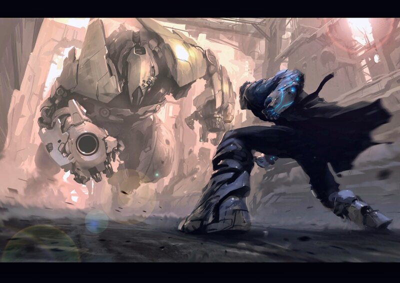 Mech and Warrior in Combat