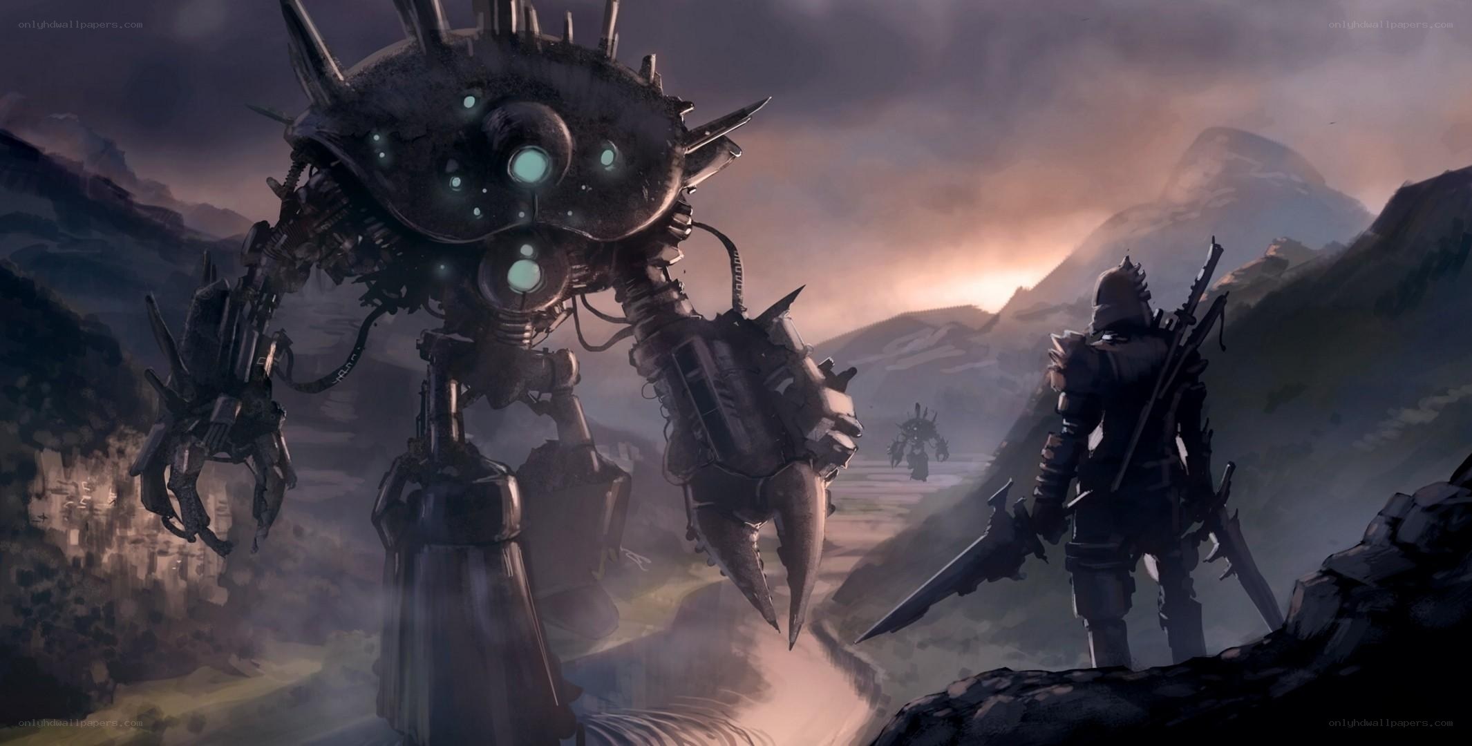 mech and warrior in mountain pass
