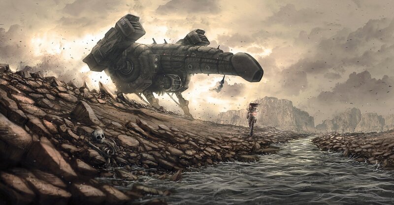 Mech and warrior in wasteland