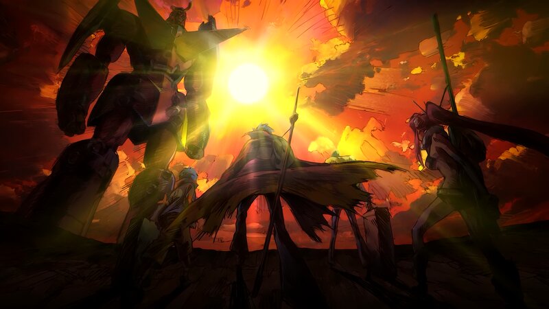Mech and Warriors Facing Sun
