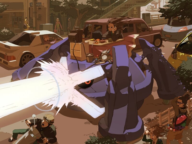 Mech battle in city street