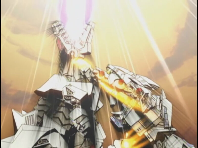 mech battle in sunset