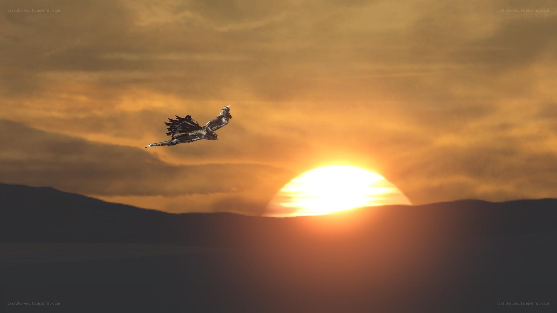 mech bird in sunset sky