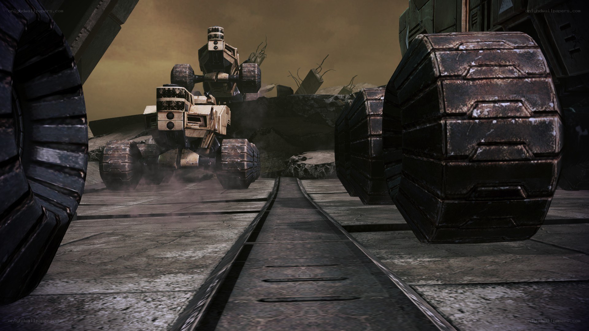 mech combat in a ruined landscape