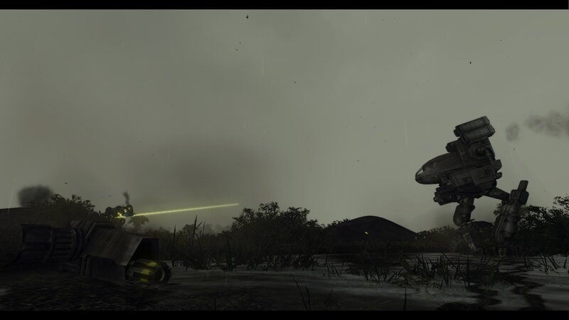 Mech combat in rainy swamp