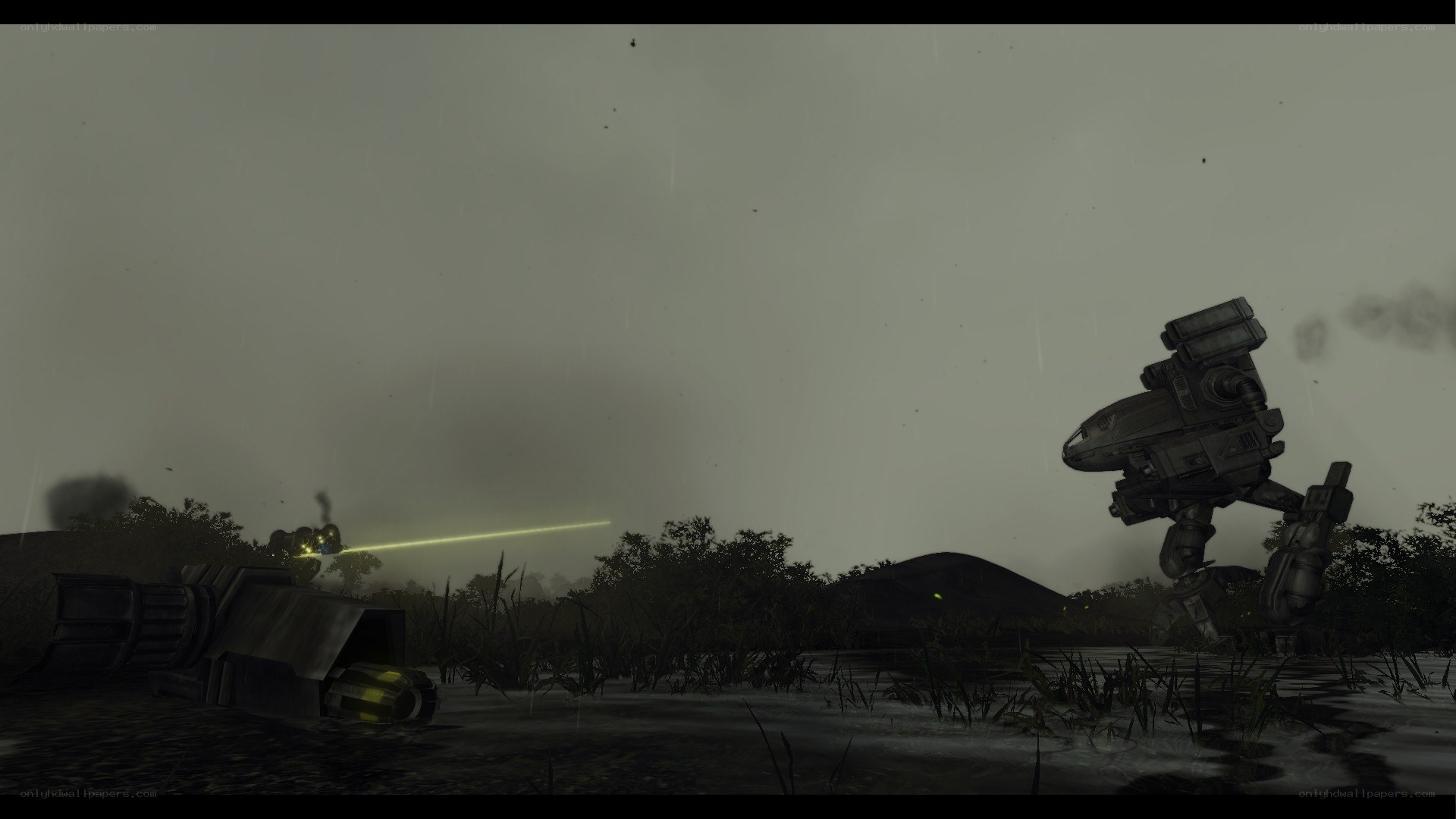 Mech combat in rainy swamp