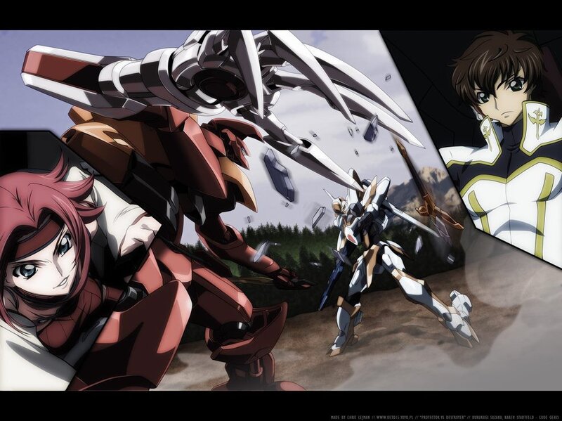Mech combat scene with pilots