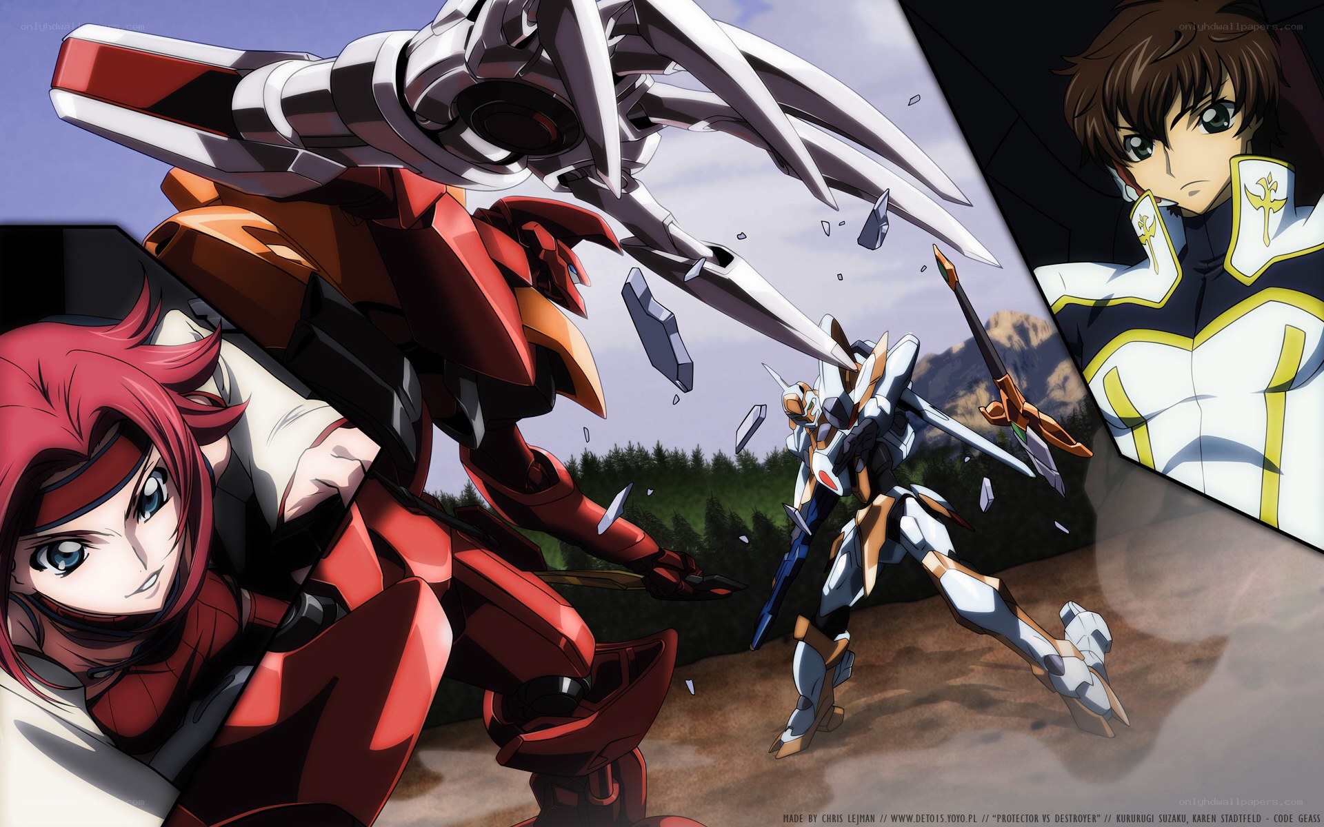 Mech combat scene with pilots
