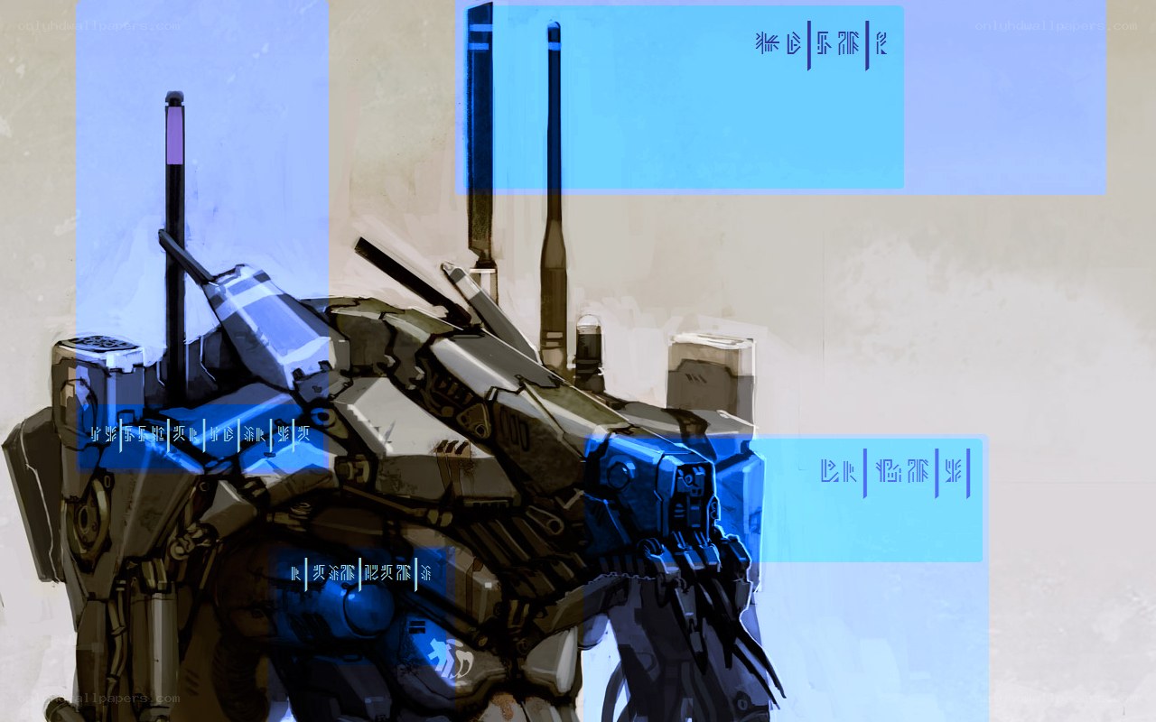 mech concept art with text overlays