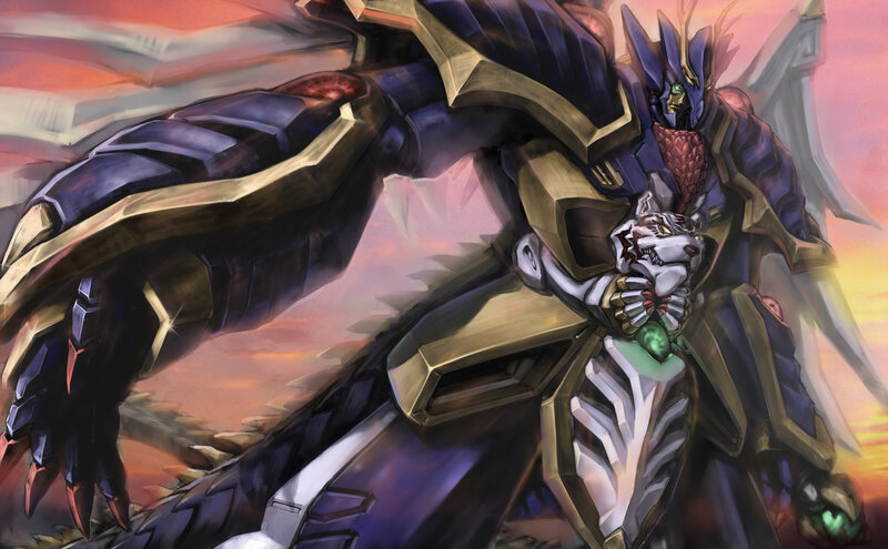 mech dragon holding a tiger