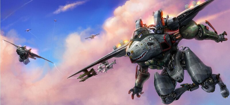 mech fighter jets in sky