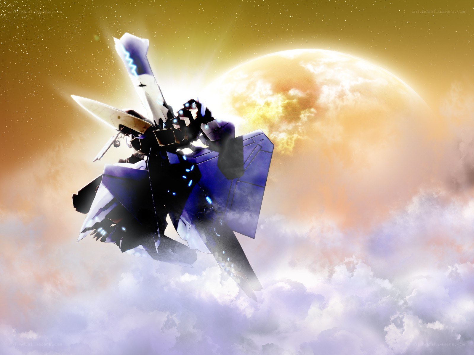 mech flying above clouds