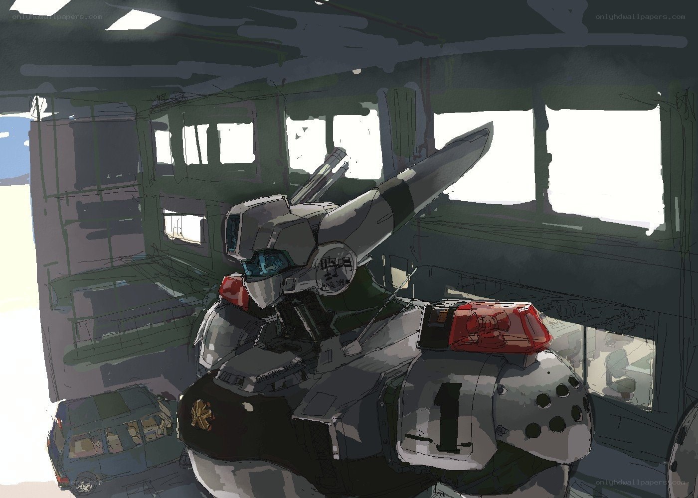mech in a damaged building