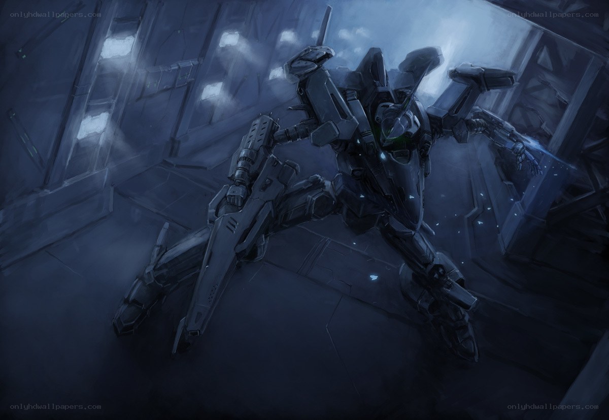 mech in a dark hangar