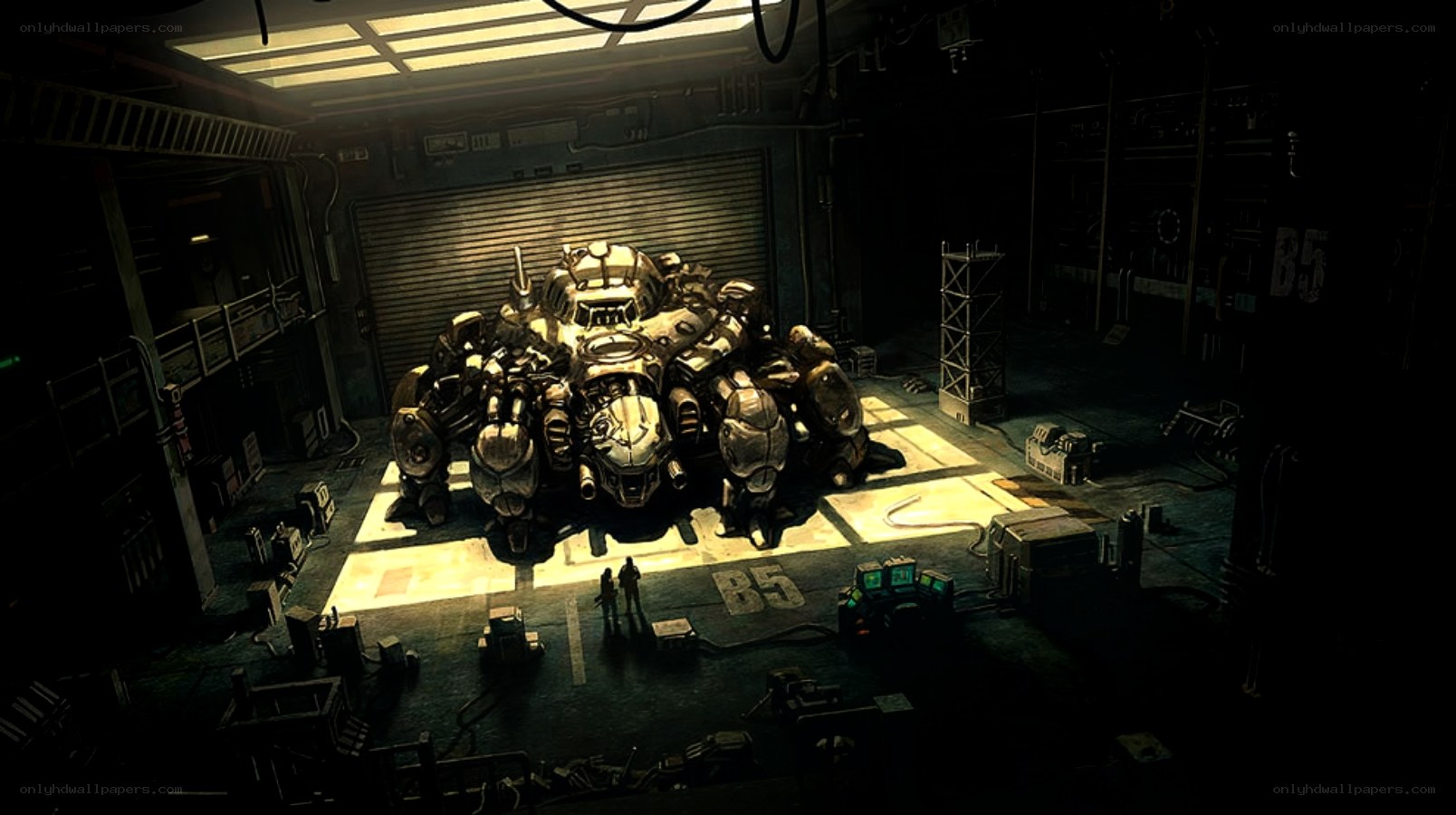 Mech in a dimly lit hangar