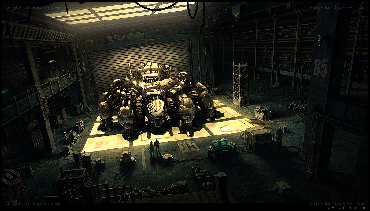 Mech in a dimly lit hangar