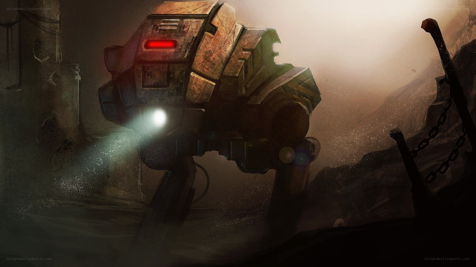 mech in a dusty ruin