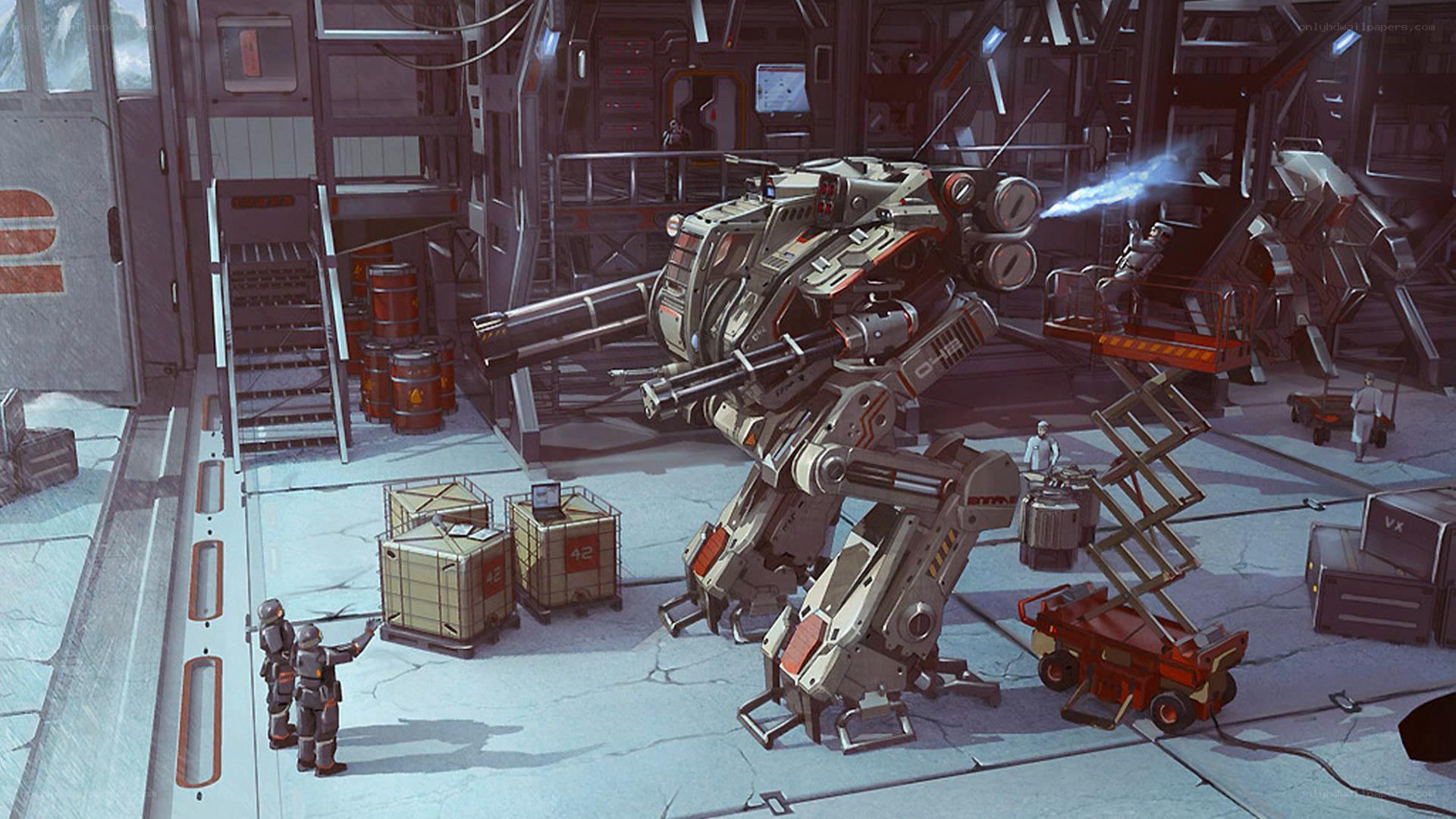 Mech in a factory bay