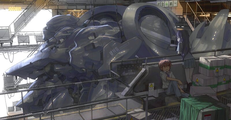 Mech in a hangar with two girls